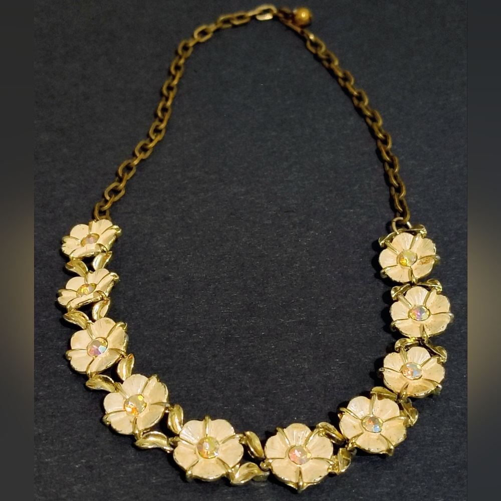 Vintage Cream Colored Enamel Choker Necklace with Multicolored Rhinestones